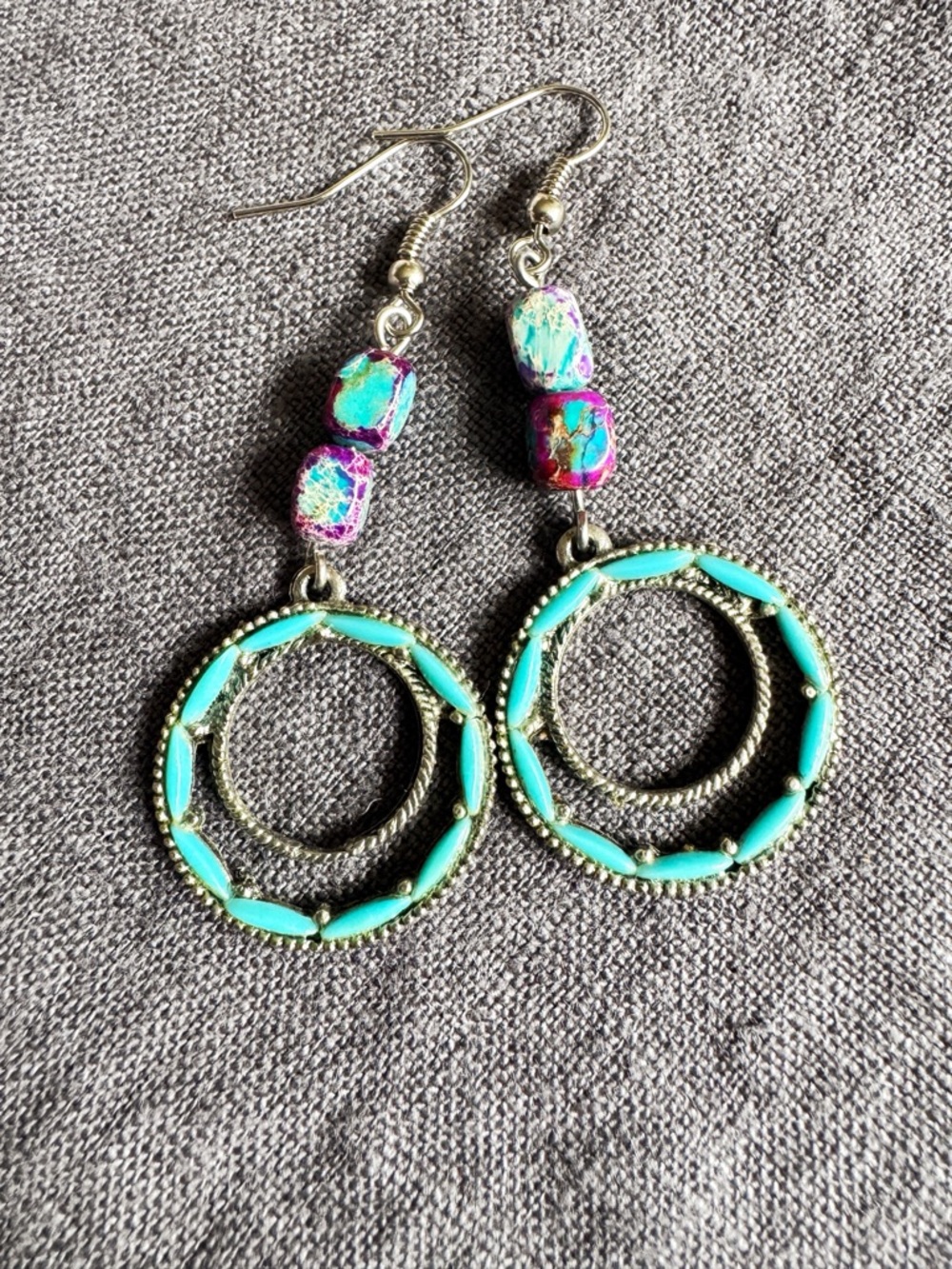 Turquoise Hoop Drop Earrings with Purple  Stone Beads Native American
